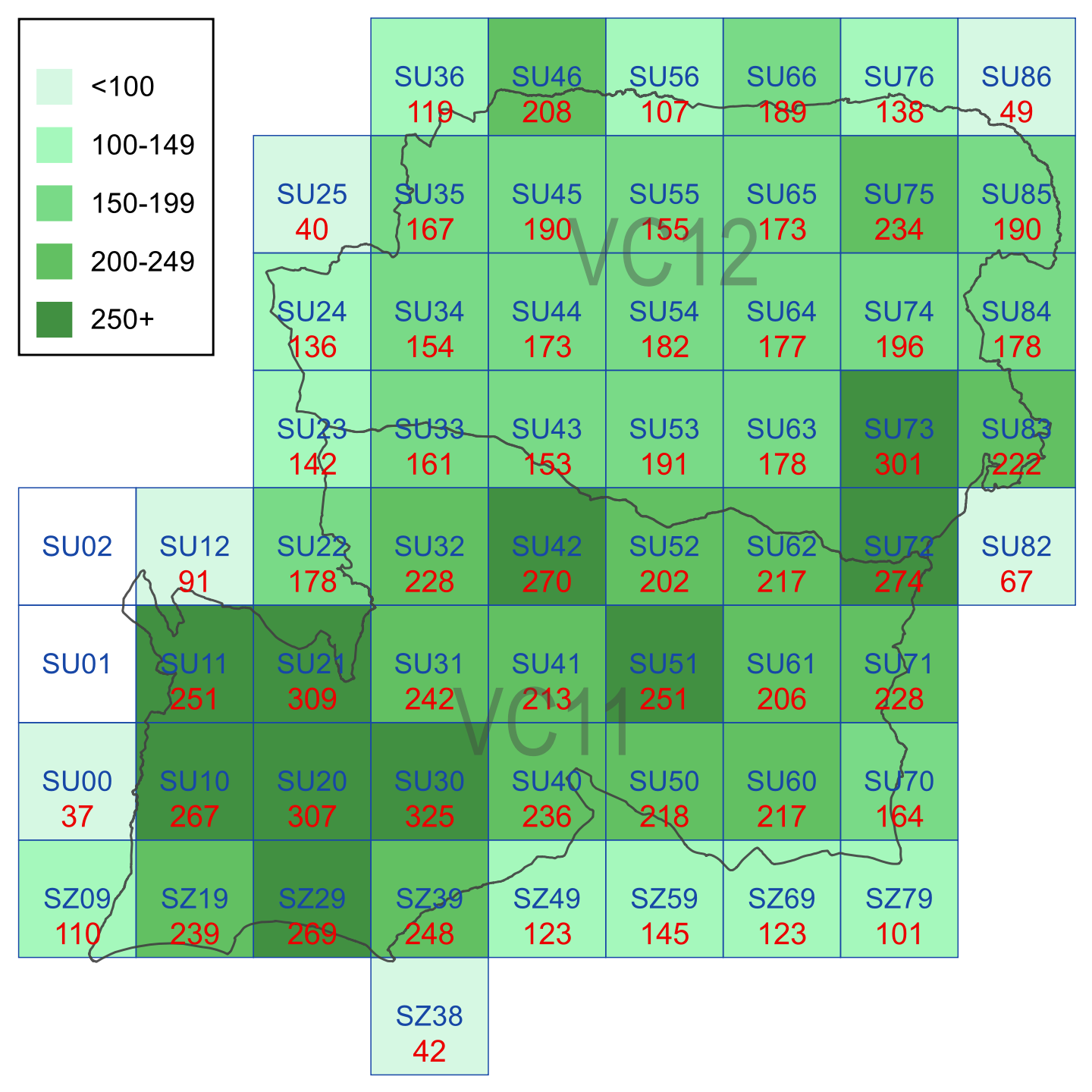 number of taxa per 10km square
